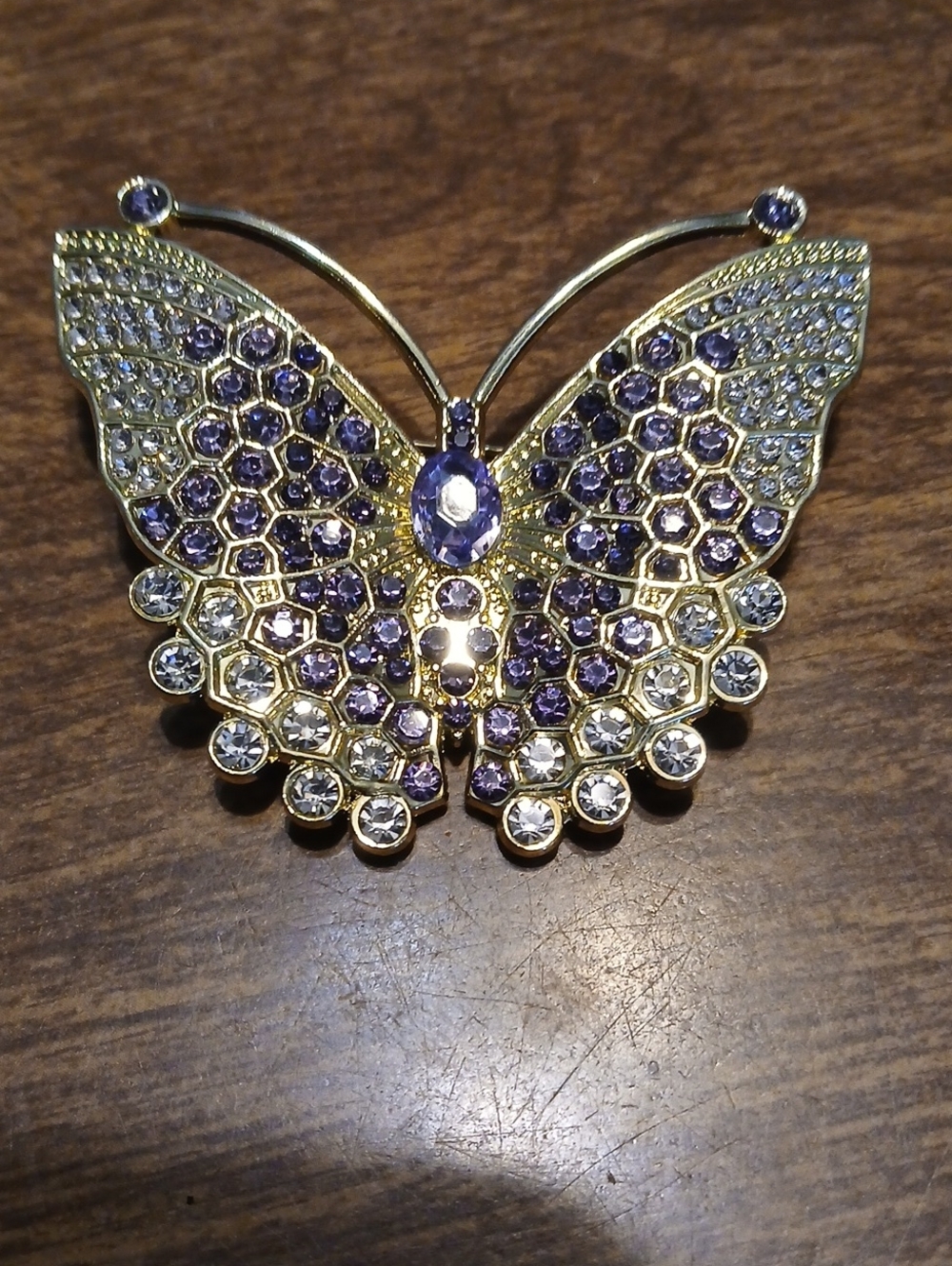 Gold-Tone Butterfly Brooch with Purple and Clear Crystals
